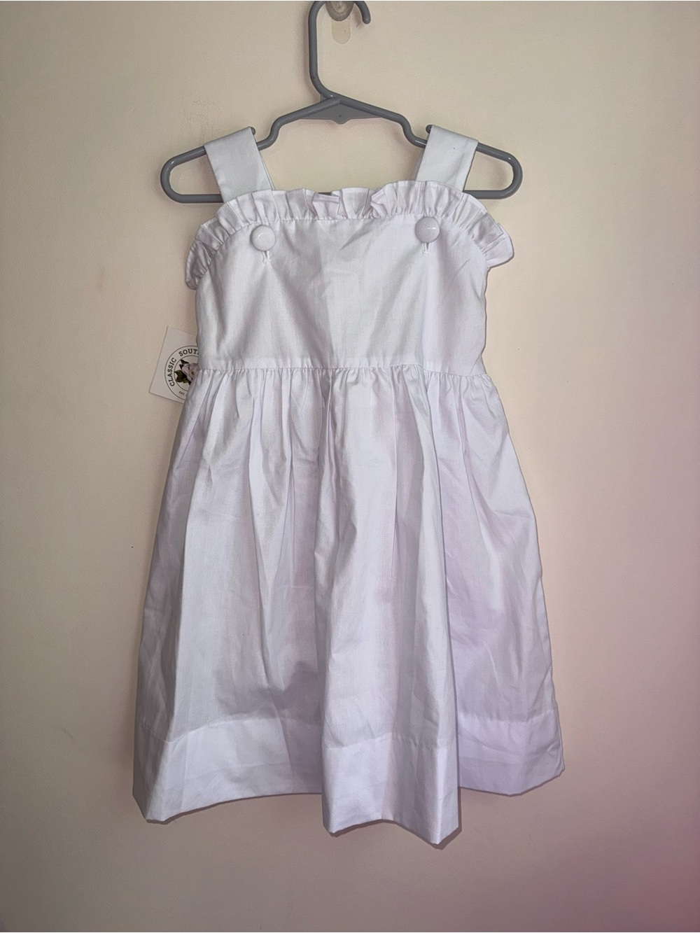 White Ruffle-Trim Girls' Formal Dress with Button Detail